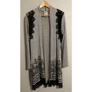 Vocal Womens Duster Cardigan Small Houndstooth Open Front Lace Trim Rhinestone